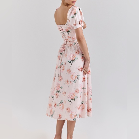 House of CB Lulabell Peach Floral Cotton Puff Sleeve Midi Dress Corset Back A-C - Picture 8 of 15